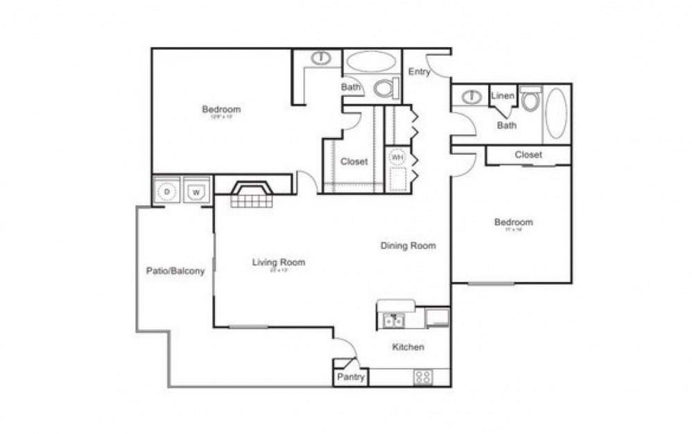 B3 - 2 bedroom floorplan layout with 2 baths and 1080 square feet.