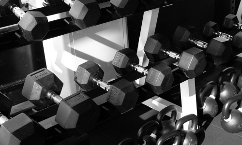 Black and white image of hexagonal dumbbells in a rack and kettlebells on the floor at a gym.