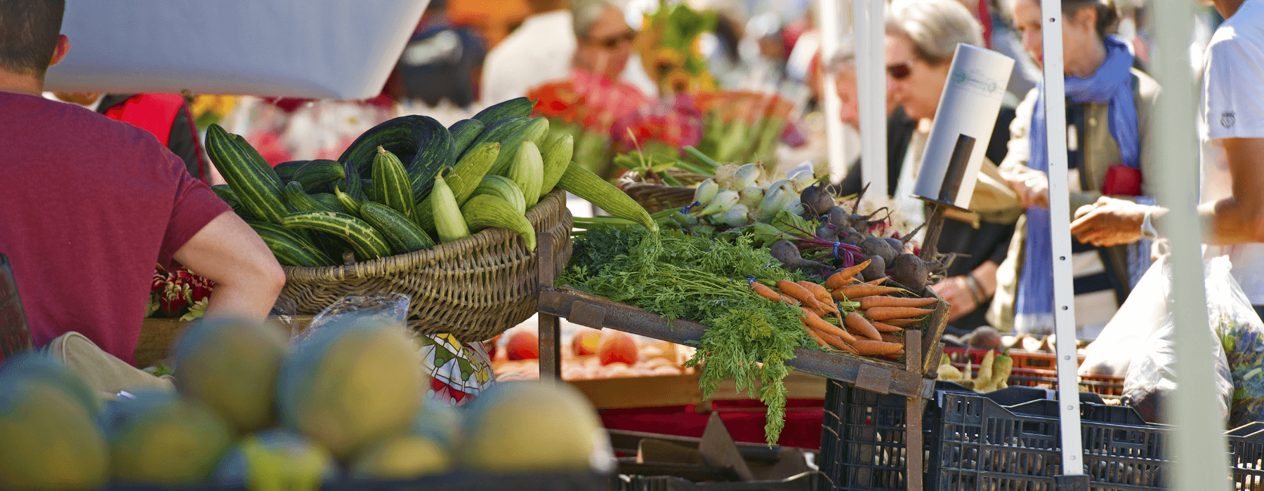 Fresh produce including cucumbers, carrots, and beets displayed at a bustling farmers market with people browsing in the background.