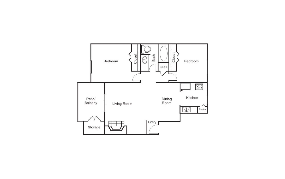 B1 - 2 bedroom floorplan layout with 1 bath and 780 square feet.