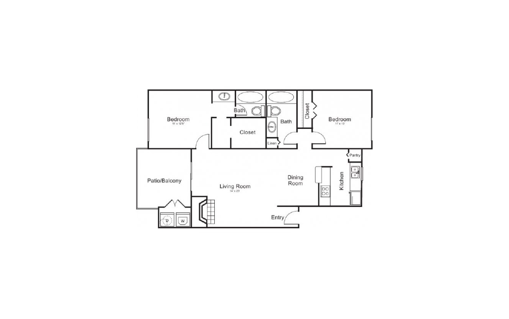 B2 - 2 bedroom floorplan layout with 2 baths and 928 square feet.